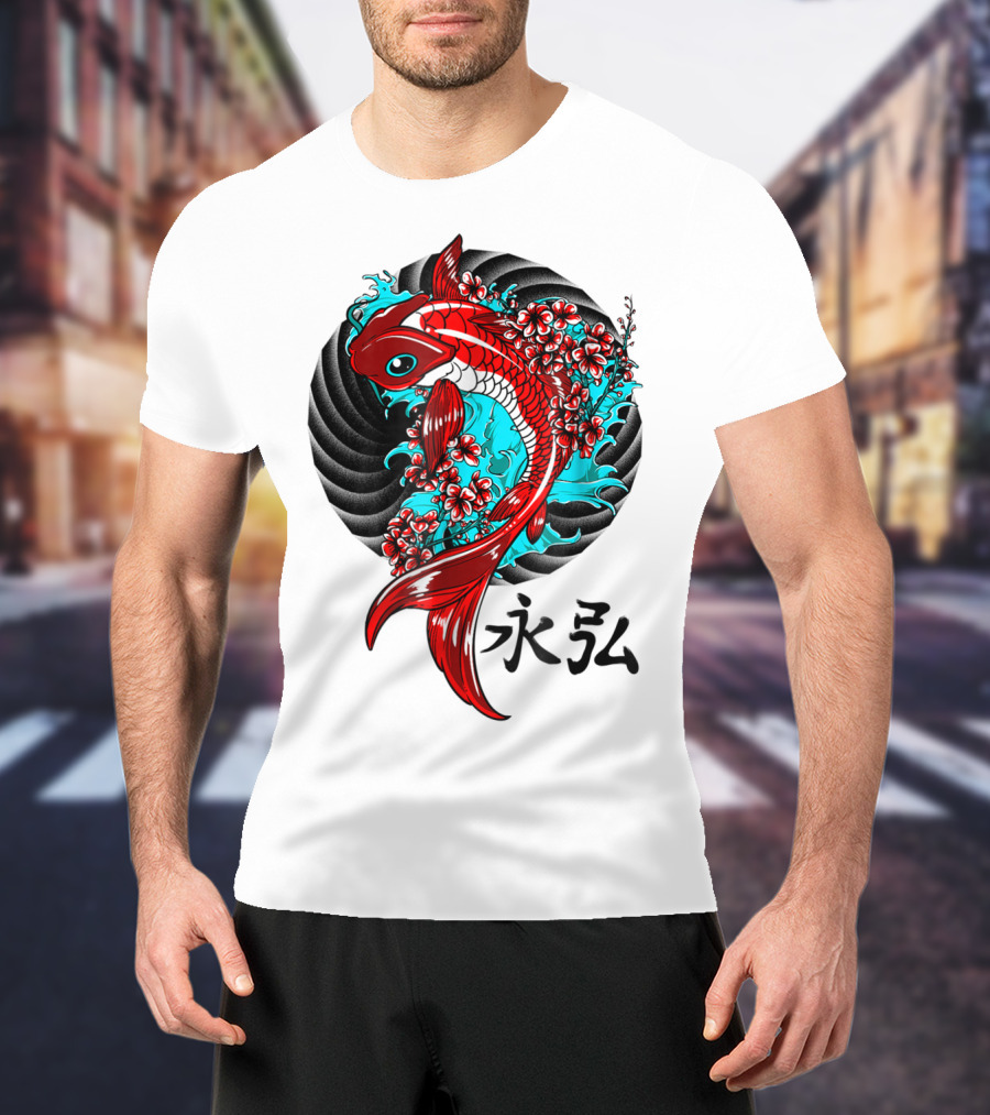 Koi Fish Floral With Japanese Characters T-Shirt