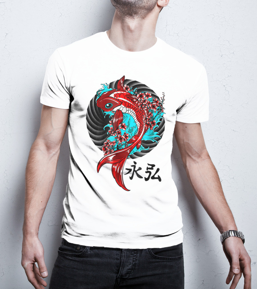 Koi Fish Floral With Japanese Characters T-Shirt