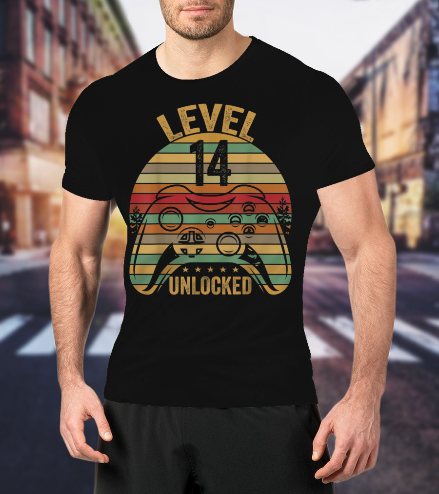 Level 14 Unlocked Gaming Themed Birthday 14 Year Old Boy Retro Controller T-Shirt