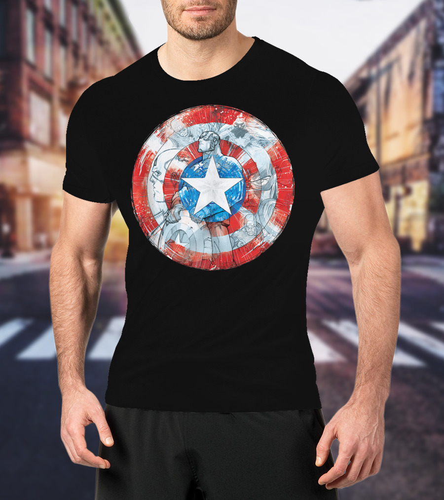 Captain America Marvel Shield With Heroic Comic Collage T-Shirt