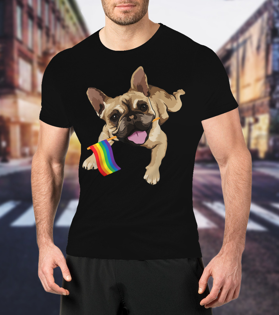 Men Women Kids French Bulldog Holding Gay Pride Flag T-Shirt