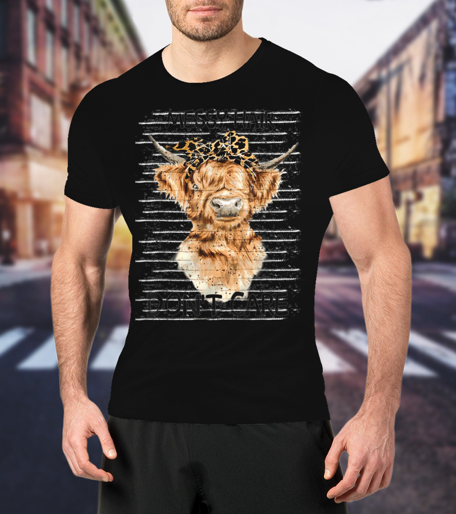 Messy Hair Don't Care Highland Cow Leopard Print Headband T-Shirt