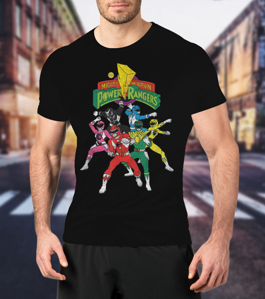 Mighty Morphin Power Rangers Full Team Pose With Original T-Shirt