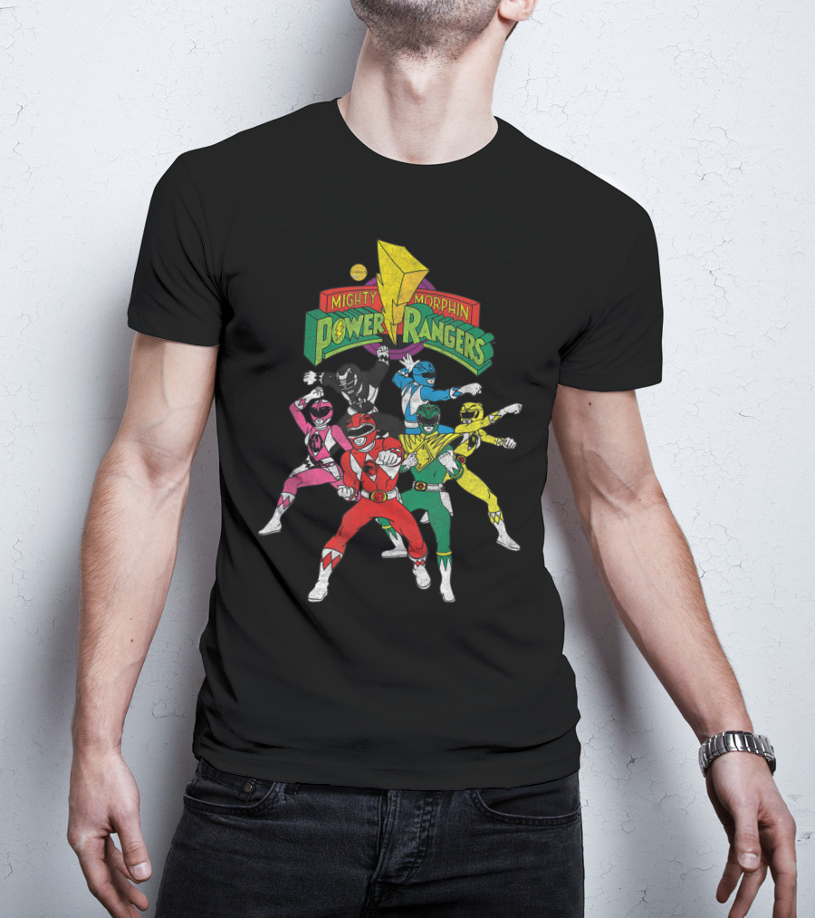 Mighty Morphin Power Rangers Full Team Pose With Original T-Shirt