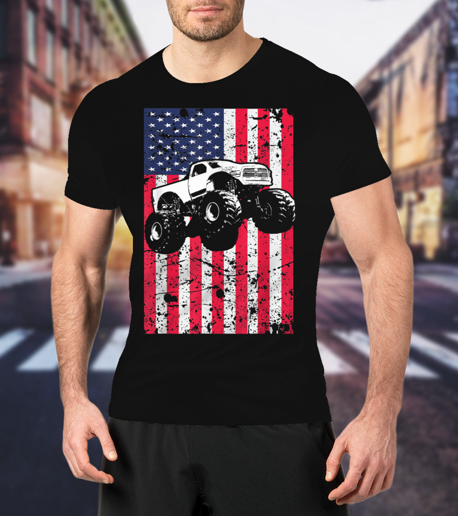 Monster Truck American Flag USA Patriotic Racing T-Shirt