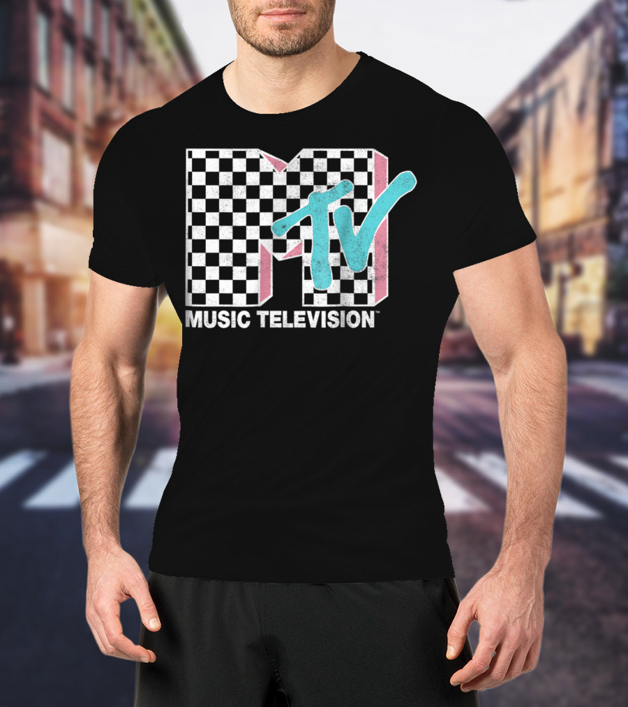 MTV Music Television Neon Distressed Checkered T-Shirt