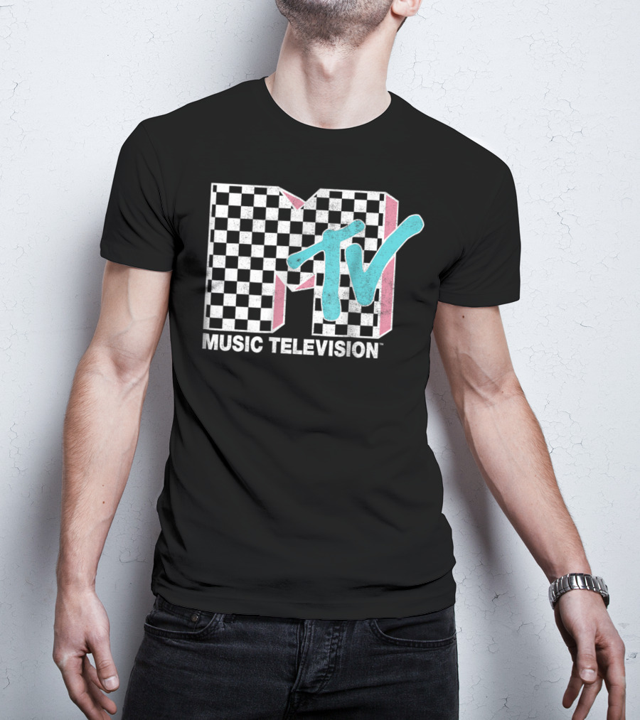 MTV Music Television Neon Distressed Checkered T-Shirt