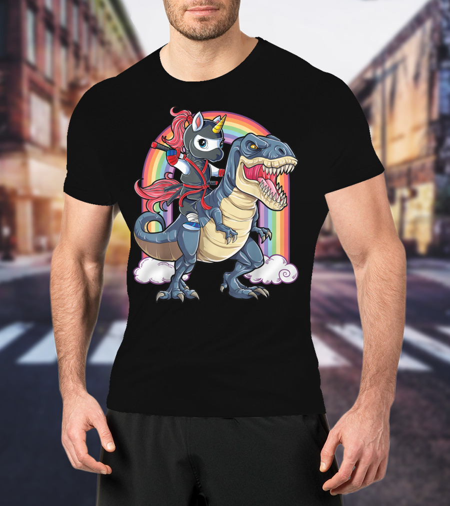 Ninja Unicorn Riding Dinosaur Rex Under Rainbow Clouds T-Shirt