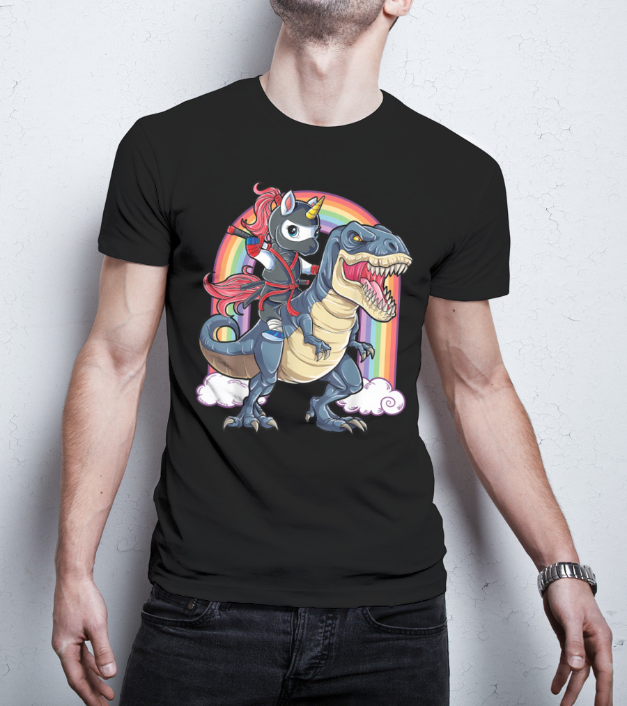 Ninja Unicorn Riding Dinosaur Rex Under Rainbow Clouds T-Shirt