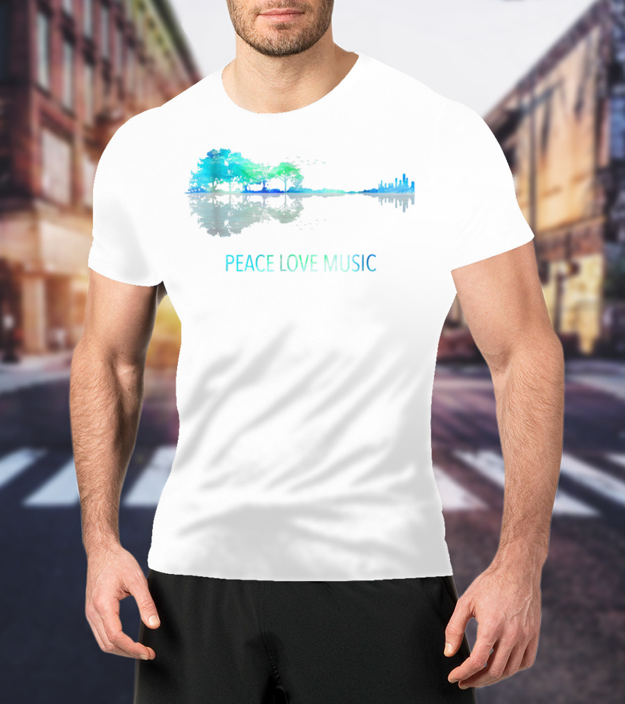 Peace Love Music Guitar Lake Shadow Tree Reflection T-Shirt