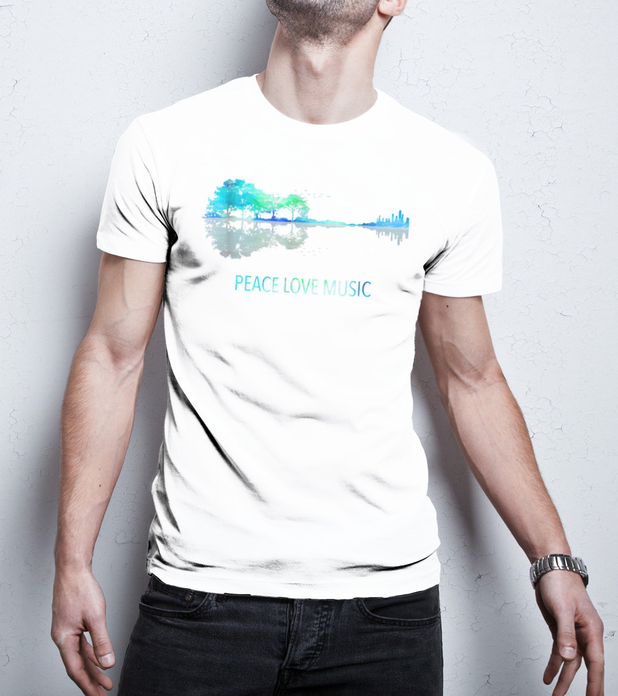 Peace Love Music Guitar Lake Shadow Tree Reflection T-Shirt