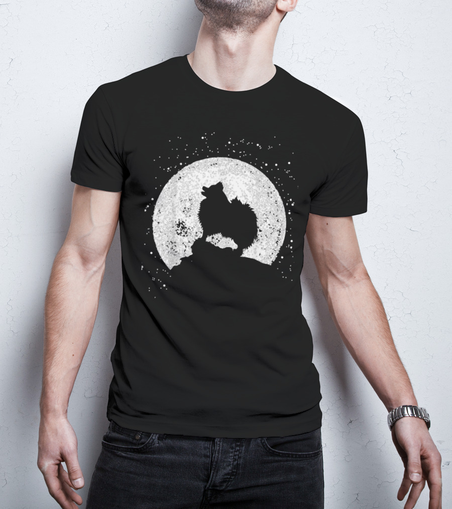 Pomeranian Howling Silhouette Against Full Moon Night Scene T-Shirt