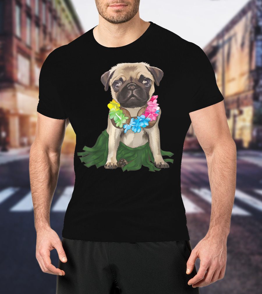 Pug Wearing Hawaiian Hula Skirt And Flower Lei Aloha Dance Animal T-Shirt