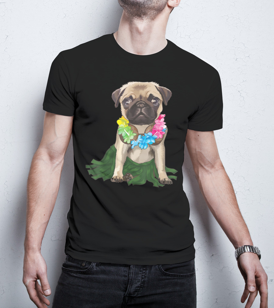 Pug Wearing Hawaiian Hula Skirt And Flower Lei Aloha Dance Animal T-Shirt