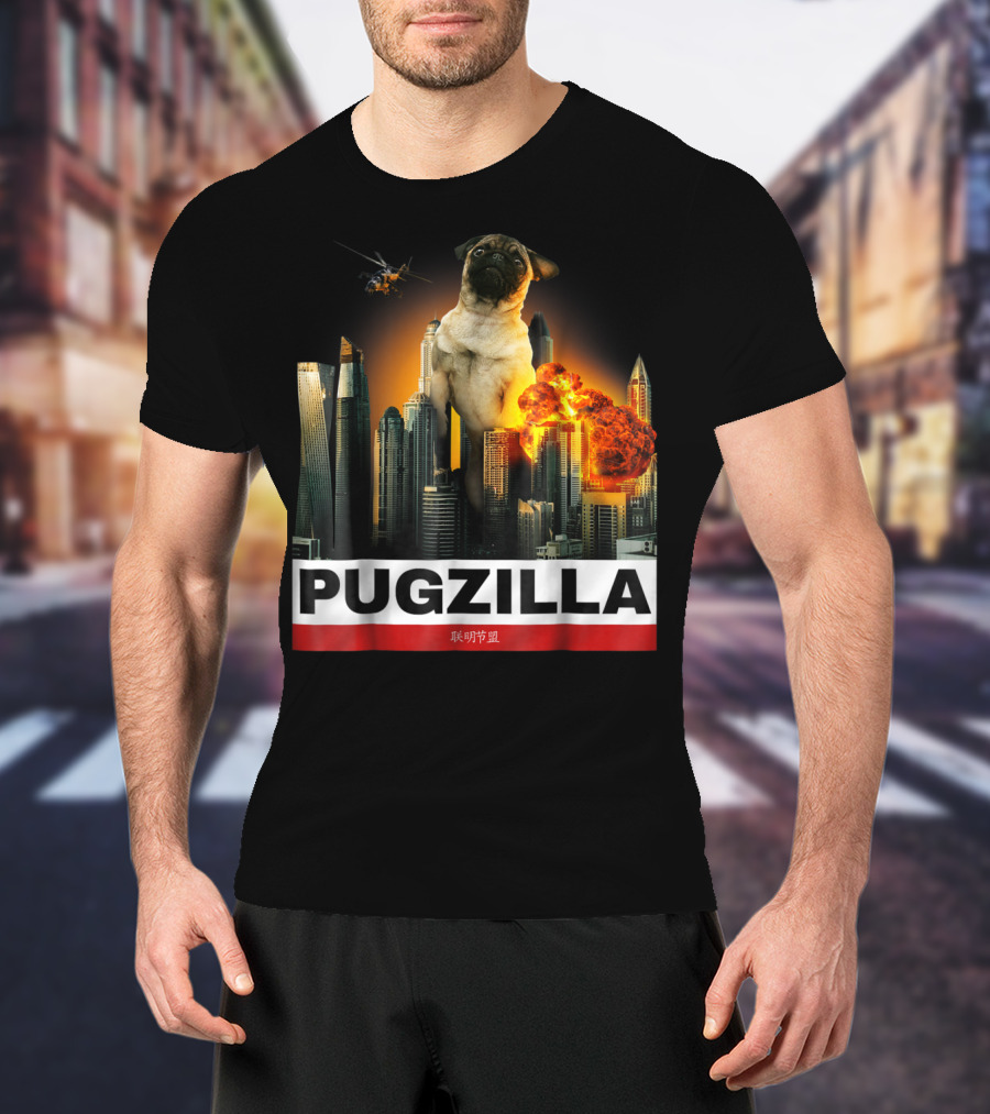 Pugzilla Helicopter Explosion City Skyline Cute Pug T-Shirt
