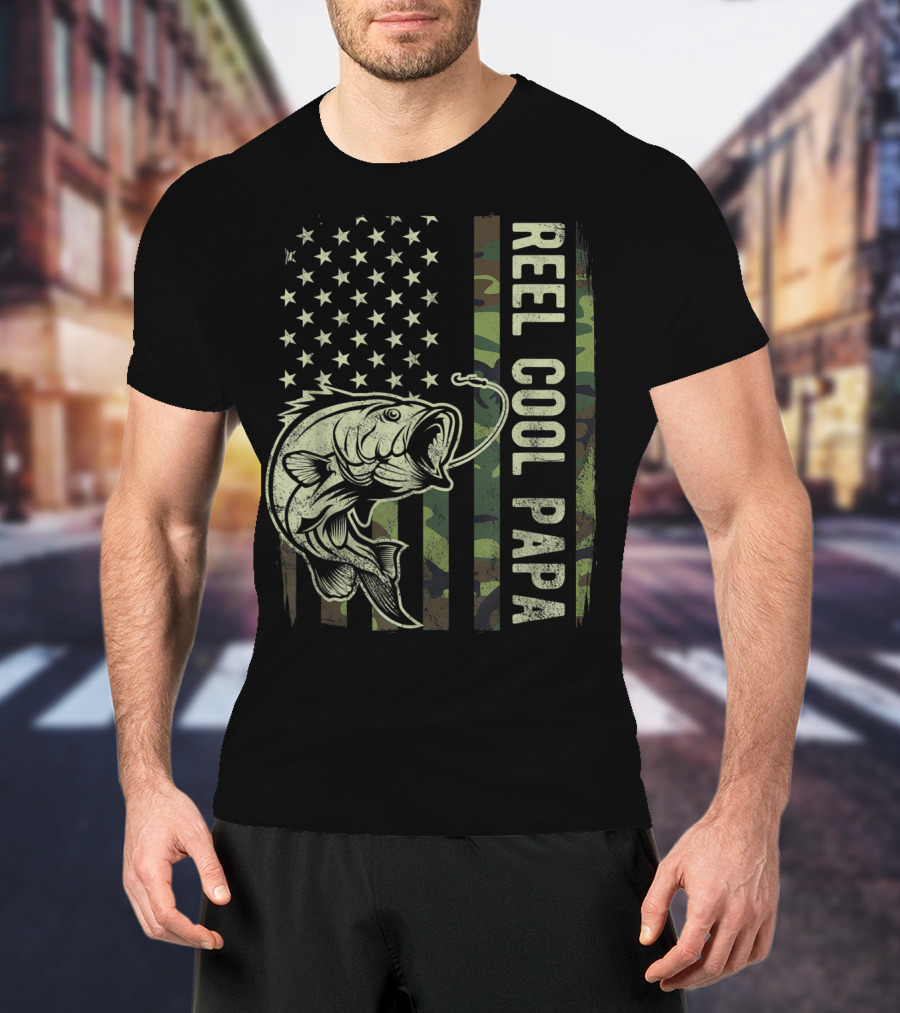 Reel Cool Papa Camouflage American Flag Fathers Fishing T-Shirt