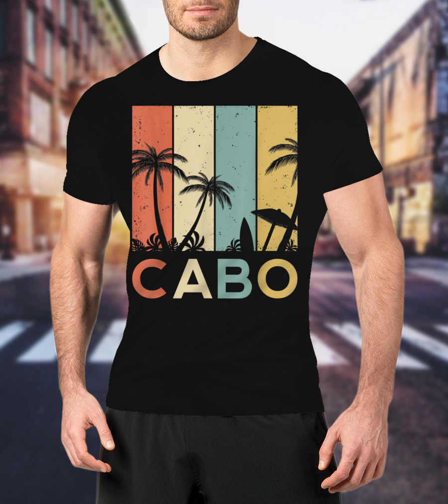 Retro Cabo San Lucas Mexico Tropical Palm Sunset Surfboard T-Shirt