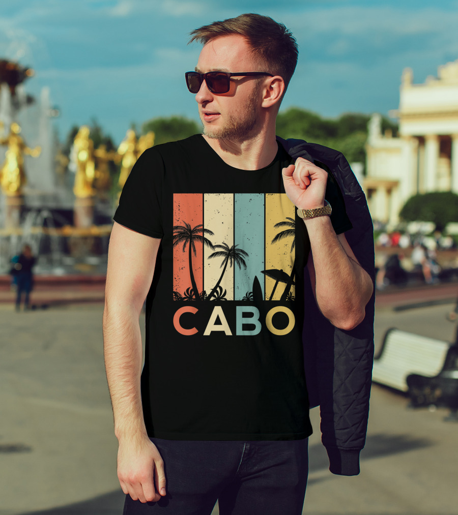 Retro Cabo San Lucas Mexico Tropical Palm Sunset Surfboard T-Shirt