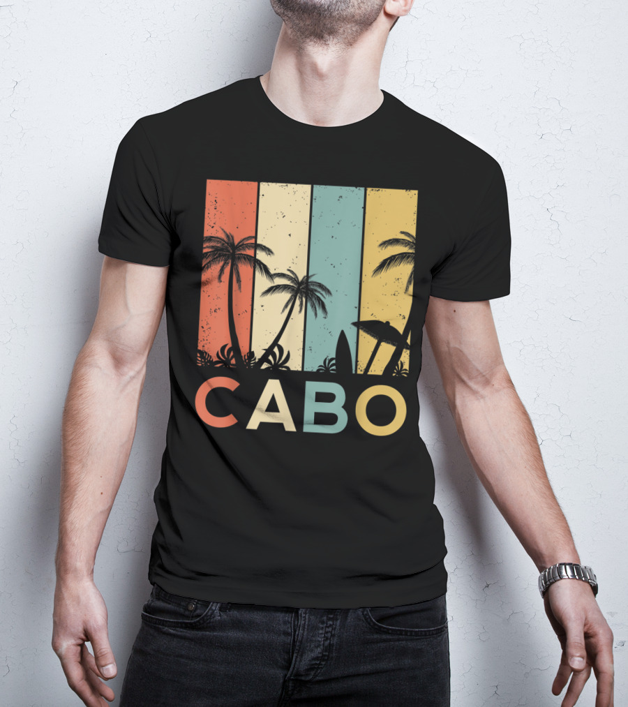 Retro Cabo San Lucas Mexico Tropical Palm Sunset Surfboard T-Shirt