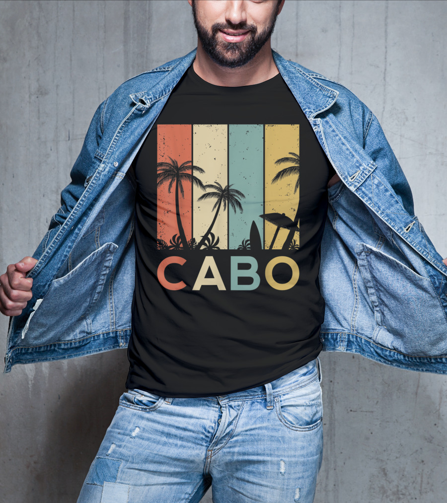 Retro Cabo San Lucas Mexico Tropical Palm Sunset Surfboard T-Shirt