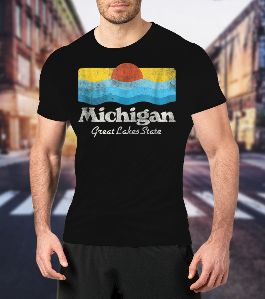 Michigan Great Lakes State Retro Sun And Waves T-Shirt