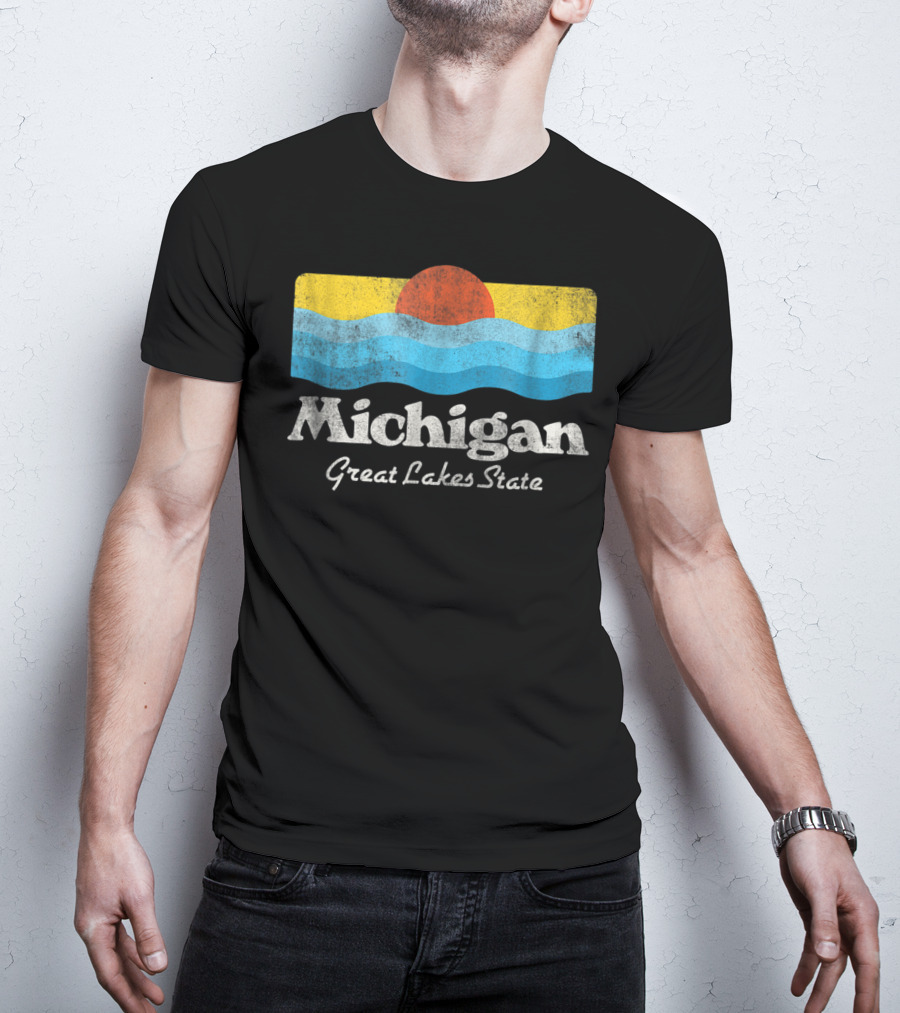 Michigan Great Lakes State Retro Sun And Waves T-Shirt