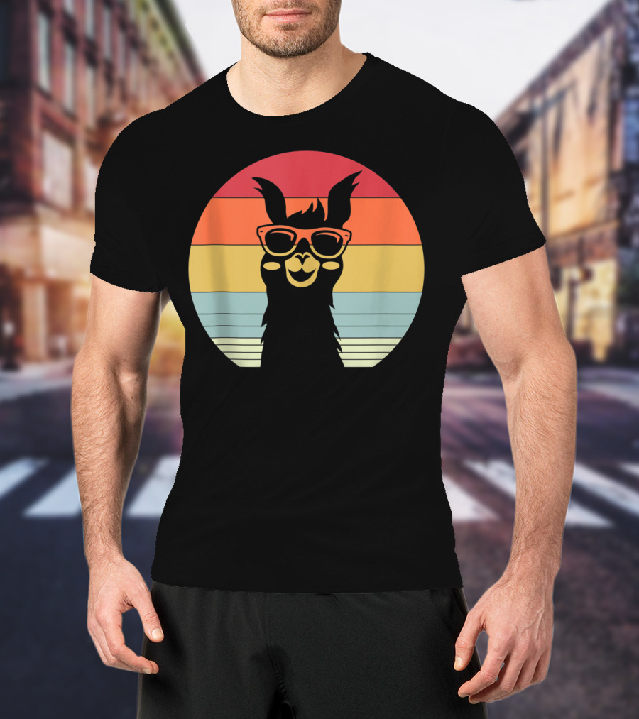 Retro Vintage Best Llama Dad Ever Father's Day Sunset Stripes T-Shirt
