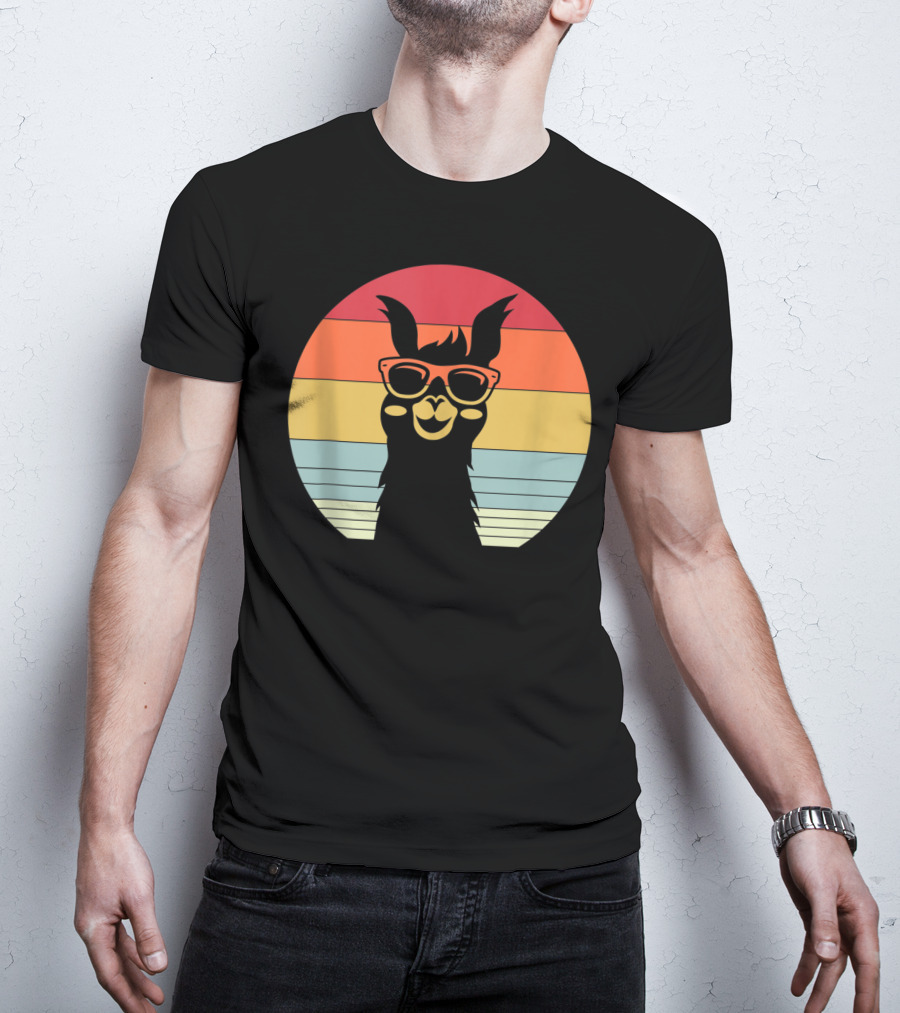 Retro Vintage Best Llama Dad Ever Father's Day Sunset Stripes T-Shirt