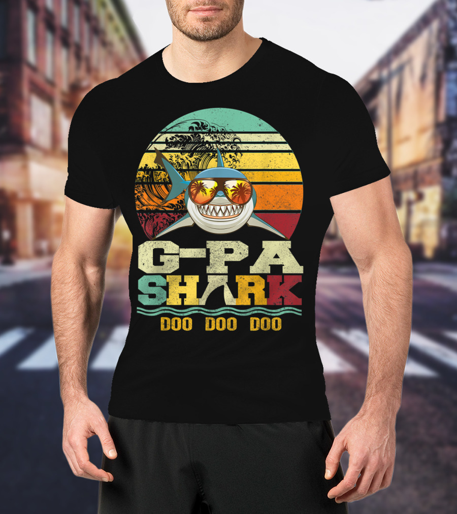 G Pa Shark Doo Doo Doo Retro Vintage Beach Sunset Wave Sunglasses Palm Trees T-Shirt