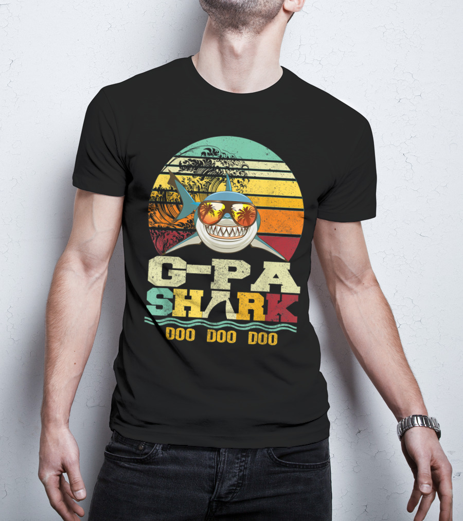 G Pa Shark Doo Doo Doo Retro Vintage Beach Sunset Wave Sunglasses Palm Trees T-Shirt