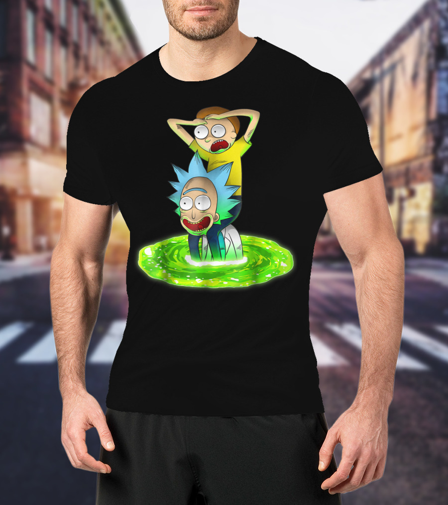 Rick And Morty Emerging From Green Portal Adventure T-Shirt