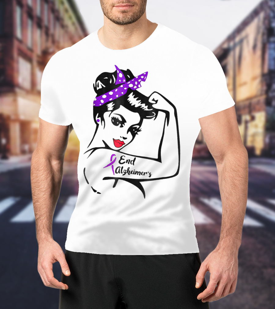 Strong Woman End Alzheimer's Awareness Purple Ribbon Rosie The Riveter T-Shirt