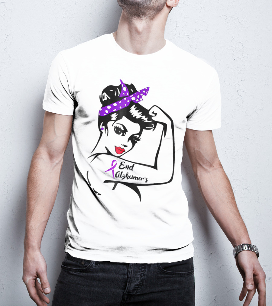 Strong Woman End Alzheimer's Awareness Purple Ribbon Rosie The Riveter T-Shirt