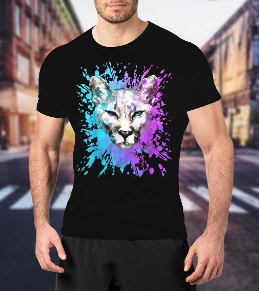 Watercolour Cougar Mountain Lion Artsy Splatter T-Shirt