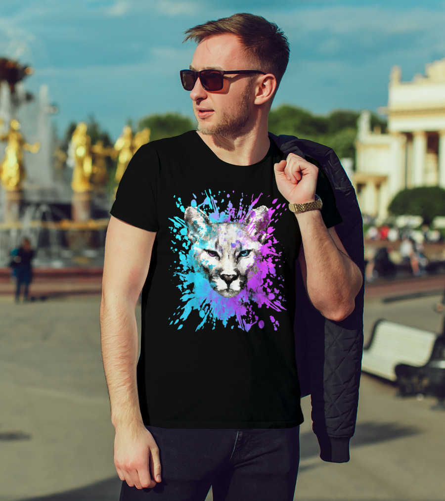 Watercolour Cougar Mountain Lion Artsy Splatter T-Shirt