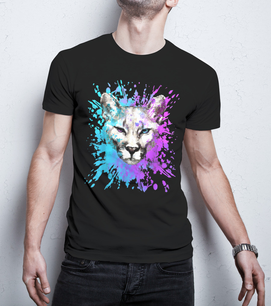 Watercolour Cougar Mountain Lion Artsy Splatter T-Shirt