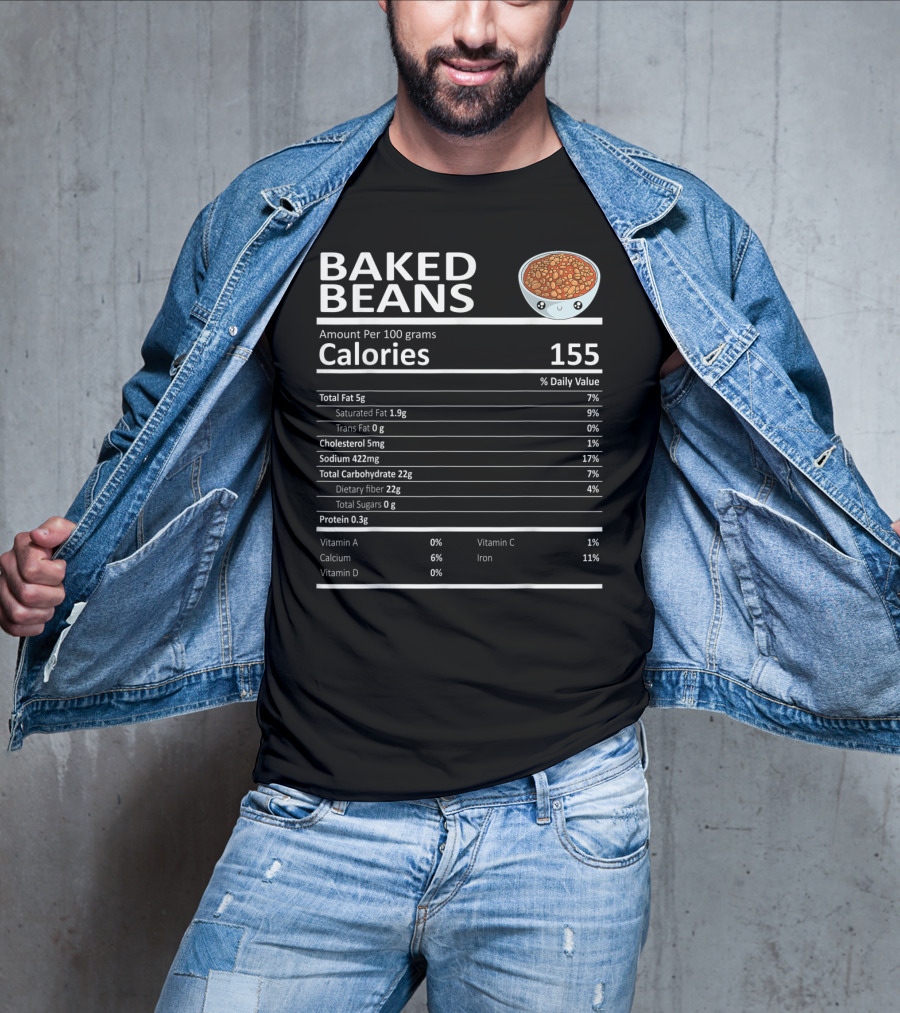 Baked Beans Nutrition Facts Cute Cartoon Calories Dietary Fiber Iron Calcium T-Shirt