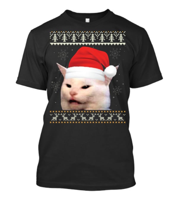 Confused Cat With Red Santa Hat And Christmas T-Shirt