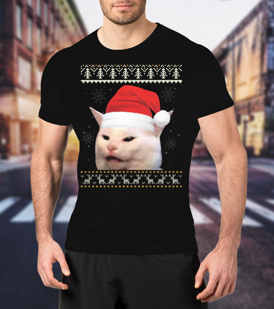 Confused Cat With Red Santa Hat And Christmas T-Shirt
