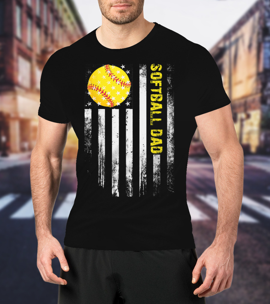 Softball Dad American Flag Father's Day T-Shirt