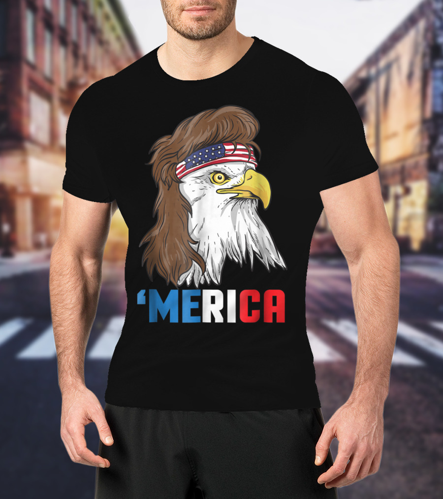 'Merica Patriotic Mullet Eagle With American Flag Headband T-Shirt