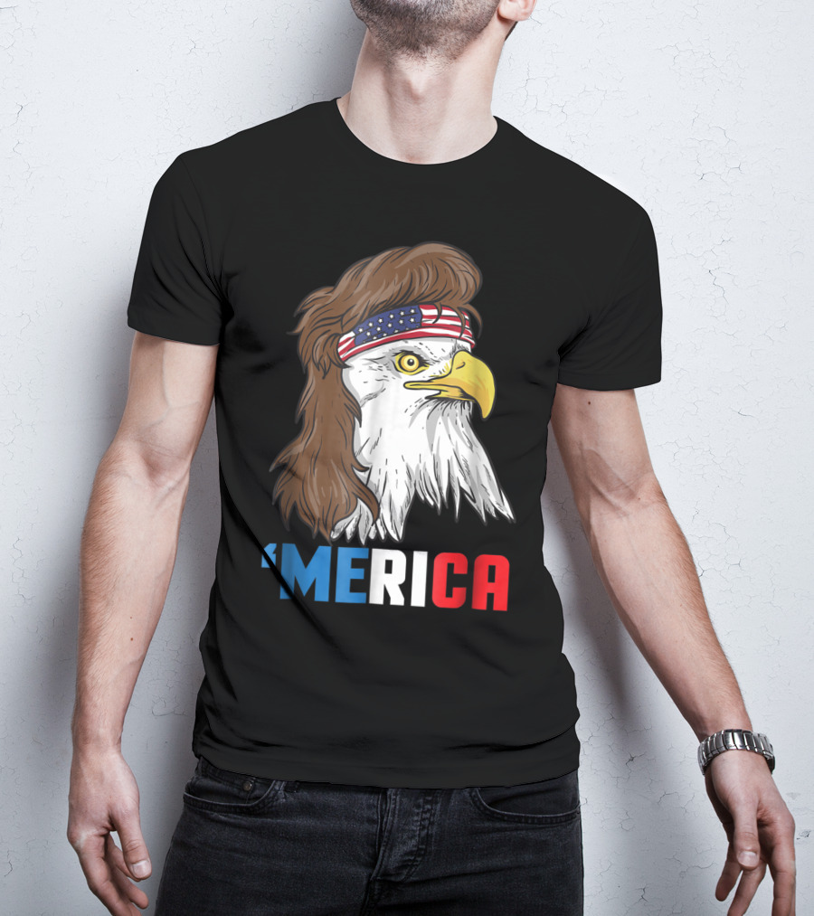'Merica Patriotic Mullet Eagle With American Flag Headband T-Shirt