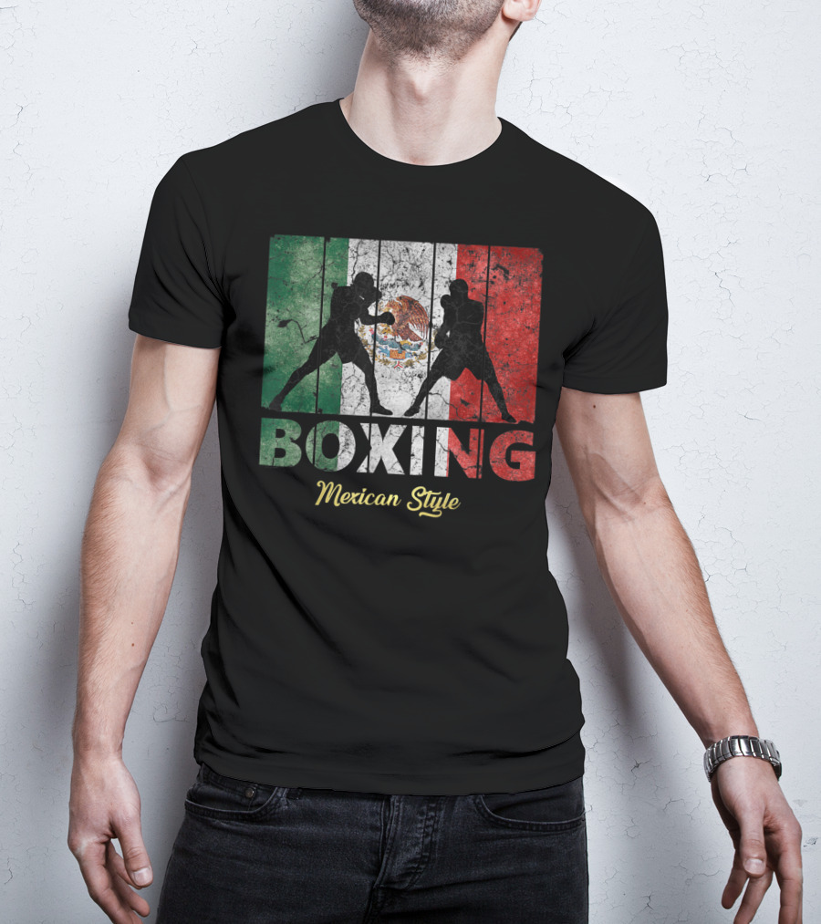 Mexican Vintage Style Boxing With Great Boxing Silhouettes And Flag Background T-Shirt