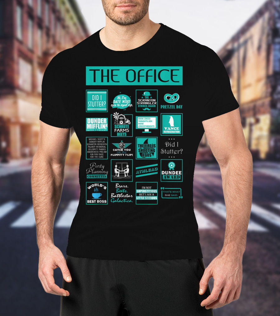 The Office Mash Up Dunder Mifflin Schrute Farms Bears Battlestar Galactica Dundee Award T-Shirt