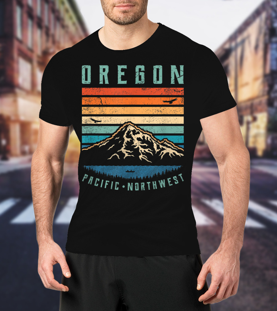 Oregon Pacific Northwest Vintage Portland Mountain Sunset Stripes T-Shirt