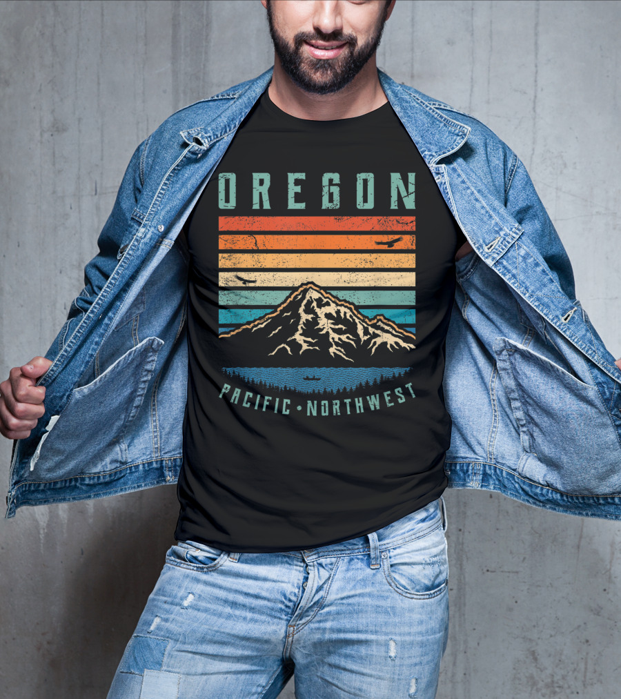 Oregon Pacific Northwest Vintage Portland Mountain Sunset Stripes T-Shirt