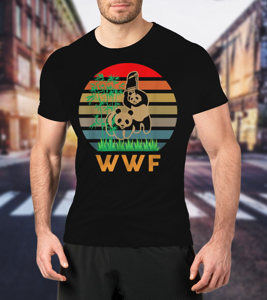 WWF Panda Bears With Bamboo And Retro Stripes T-Shirt
