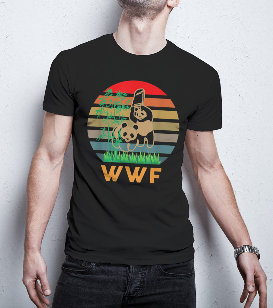 WWF Panda Bears With Bamboo And Retro Stripes T-Shirt