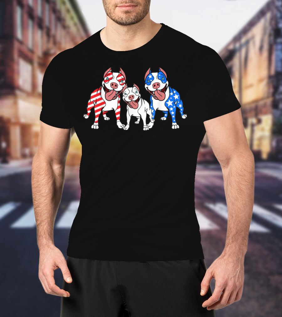 Pitbulls American Flag Red White Blue Patriotic T-Shirt