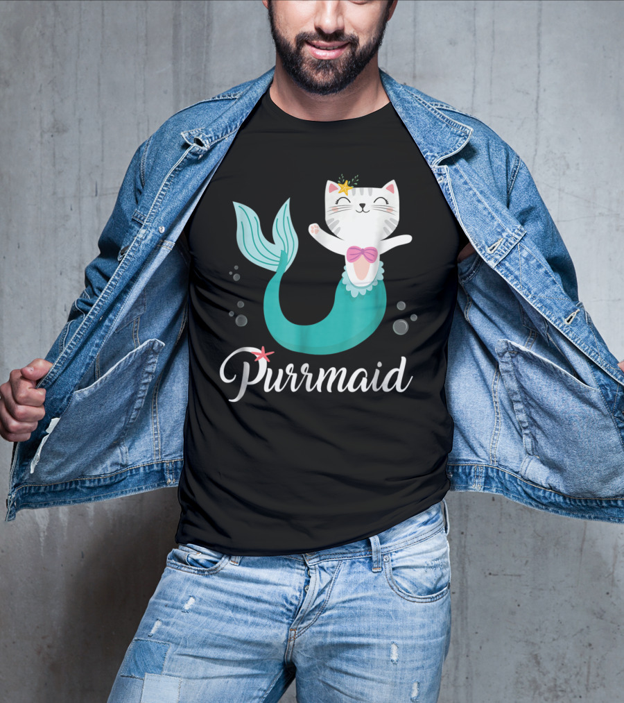 Purrmaid Cat Mermaid For Girls With Star And Bow T-Shirt